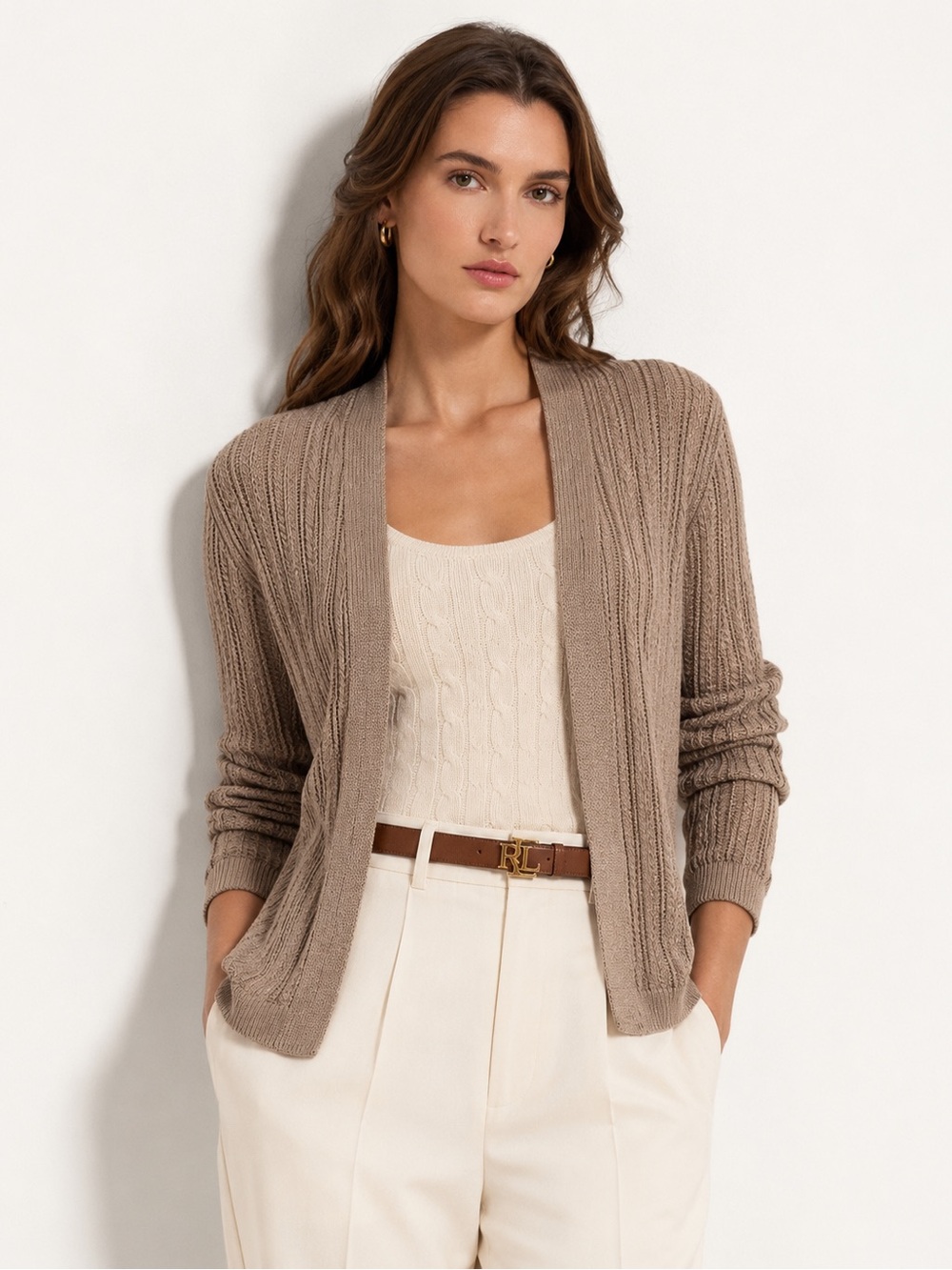 Lauren Ralph Lauren Open-Front Knit Cardigan in Taupe Beige w/ Gold